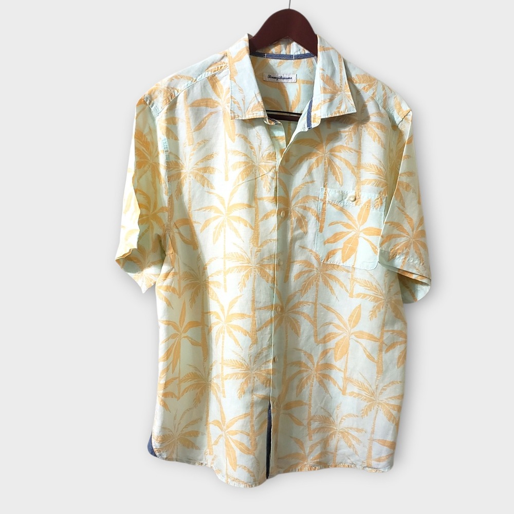 Tommy Bahama Mens XL Linen Tencel Palm Tree Print Short Sleeve Button‎ Up Shirt